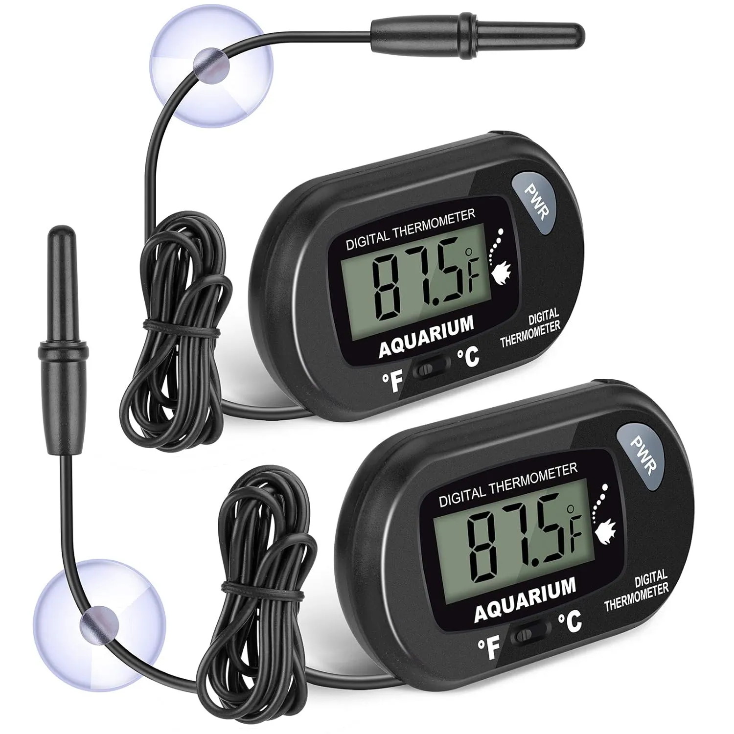 Digital thermometer in bait bucket showing optimal temperature