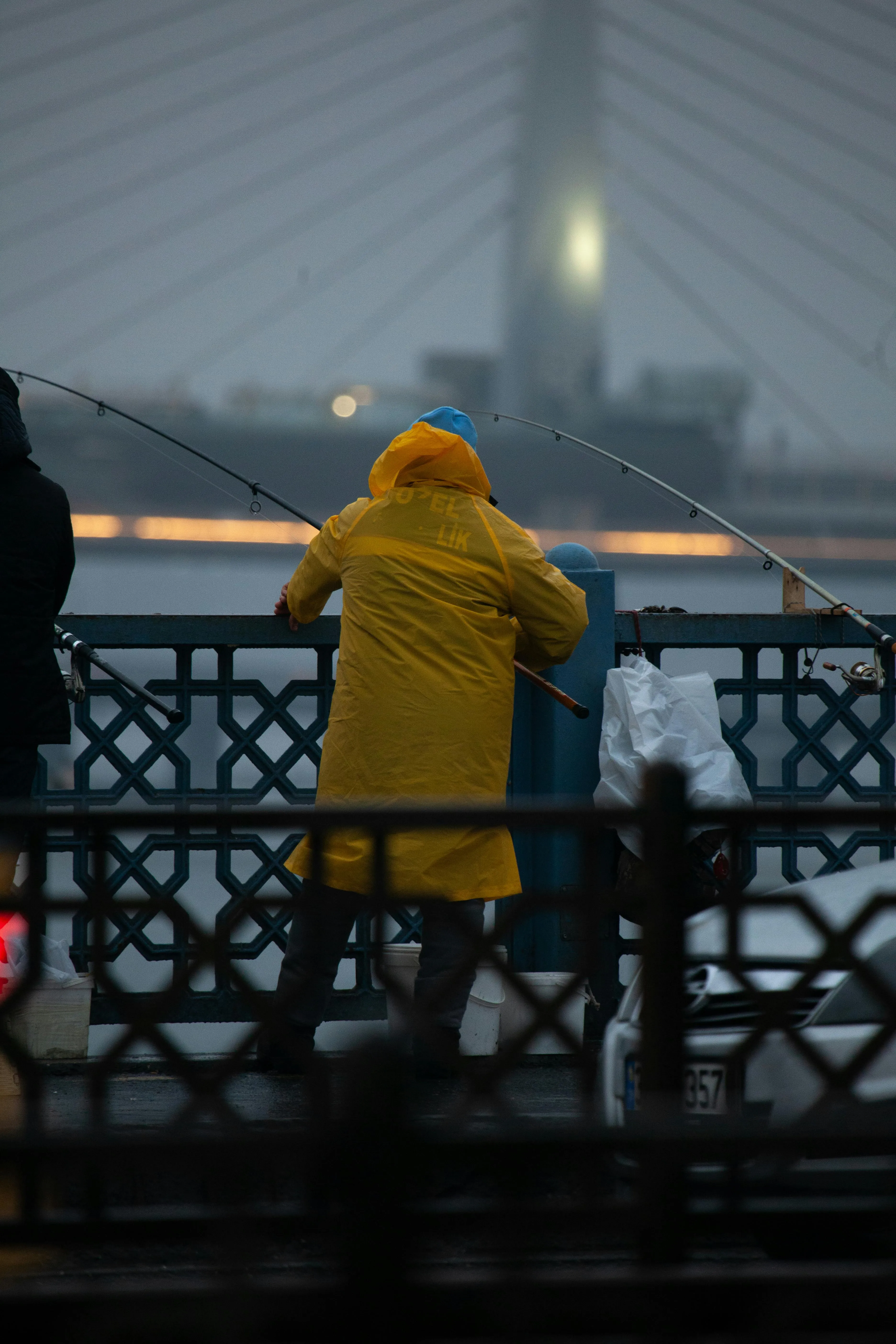 Angler fishing from shore during light rain with ripples on water surface and fish jumping