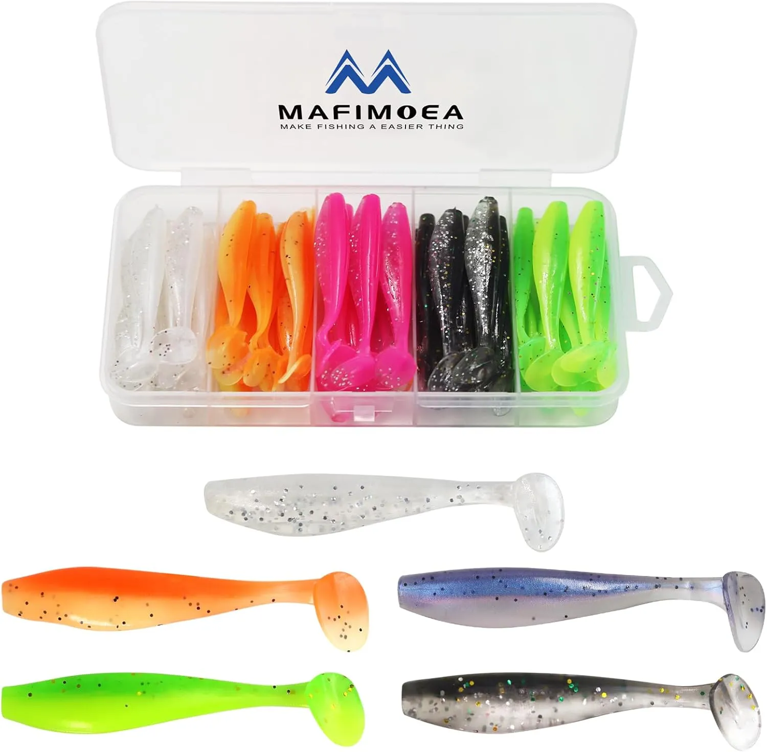 Collection of small silicone micro-lures in various colors next to a quarter for size comparison